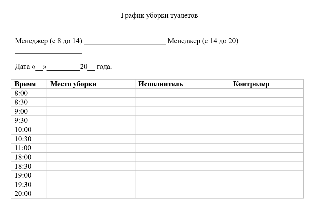 График уборки туалета по санпину, скачать бланк образец для санузла