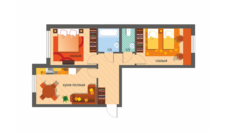 Дизайн-проект двушки-распашонки - готовые решения интерьера 2-комнатной квартиры