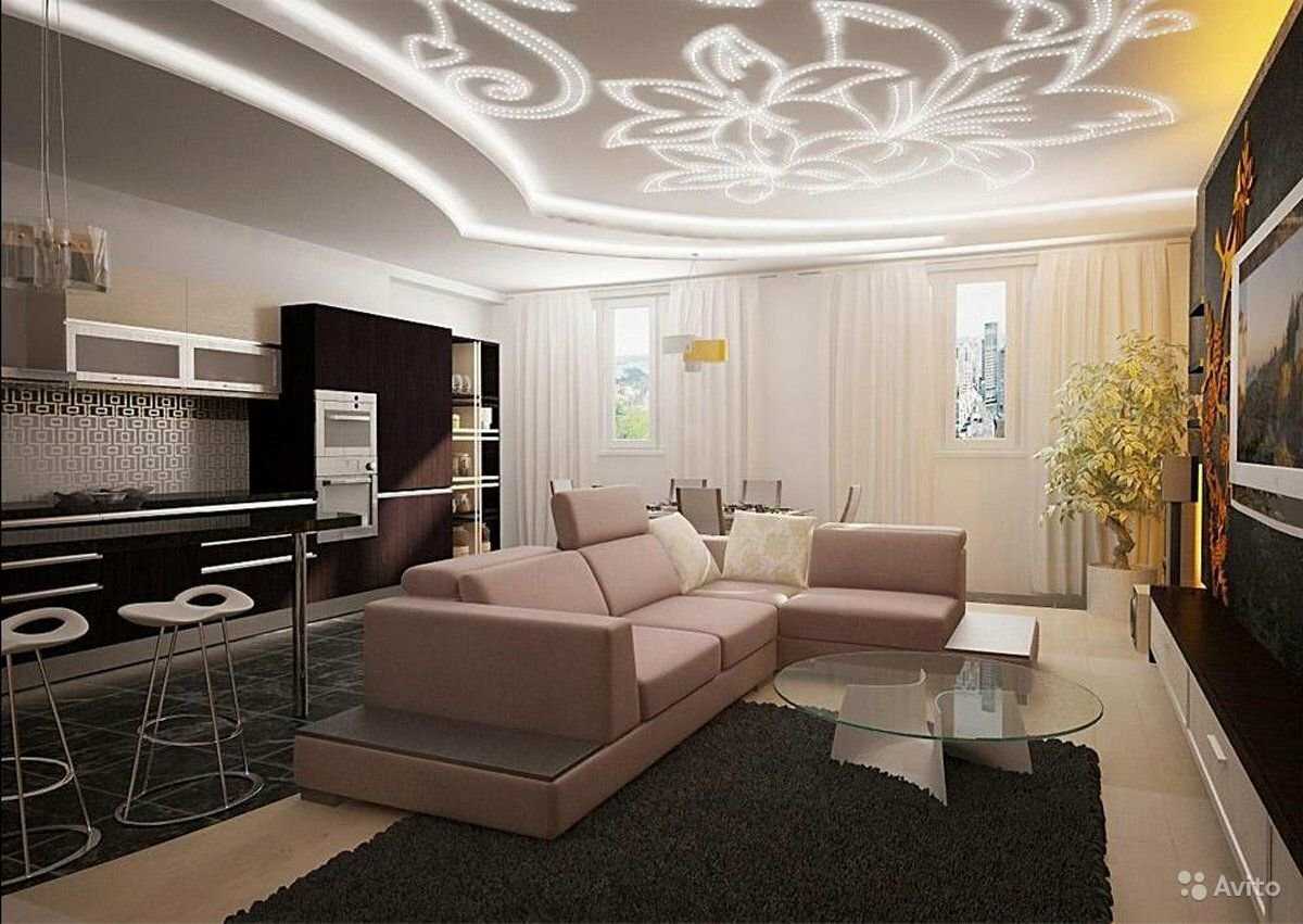 Натяжные потолки в гостиной, фото оригинальных дизайнерских интерьеров